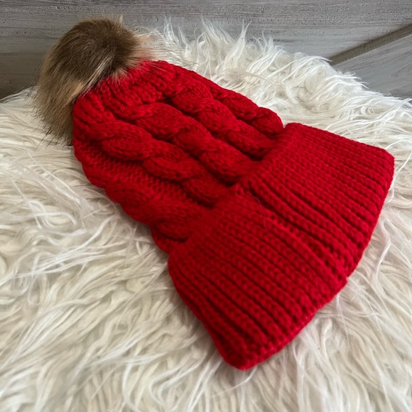 Red Pom-pom decor beanie hat. One size fits all. - Picture 4 of 6